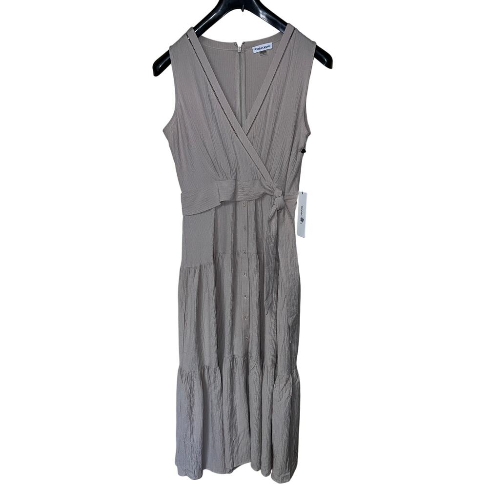 Calvin Klein Maxi Dress Womens Medium Moacha Mousse Tiered Crinkle Gauze Vacay